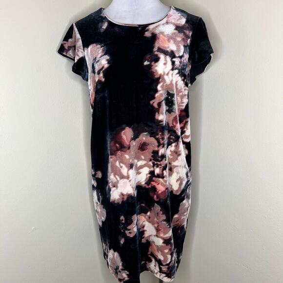 Cynthia Rowley Shift Dress MEDIUM Black Velvet Floral Mini Cap Sleeve Mini Pink - Picture 1 of 6
